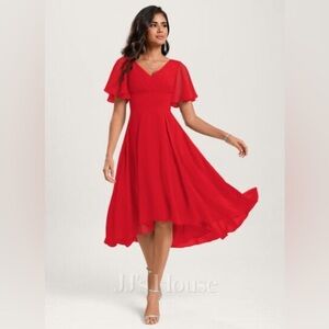 NWT JJ’s House midi dress A-line V-Neck Asymmetrical Chiffon Bridesmaid Ruffle